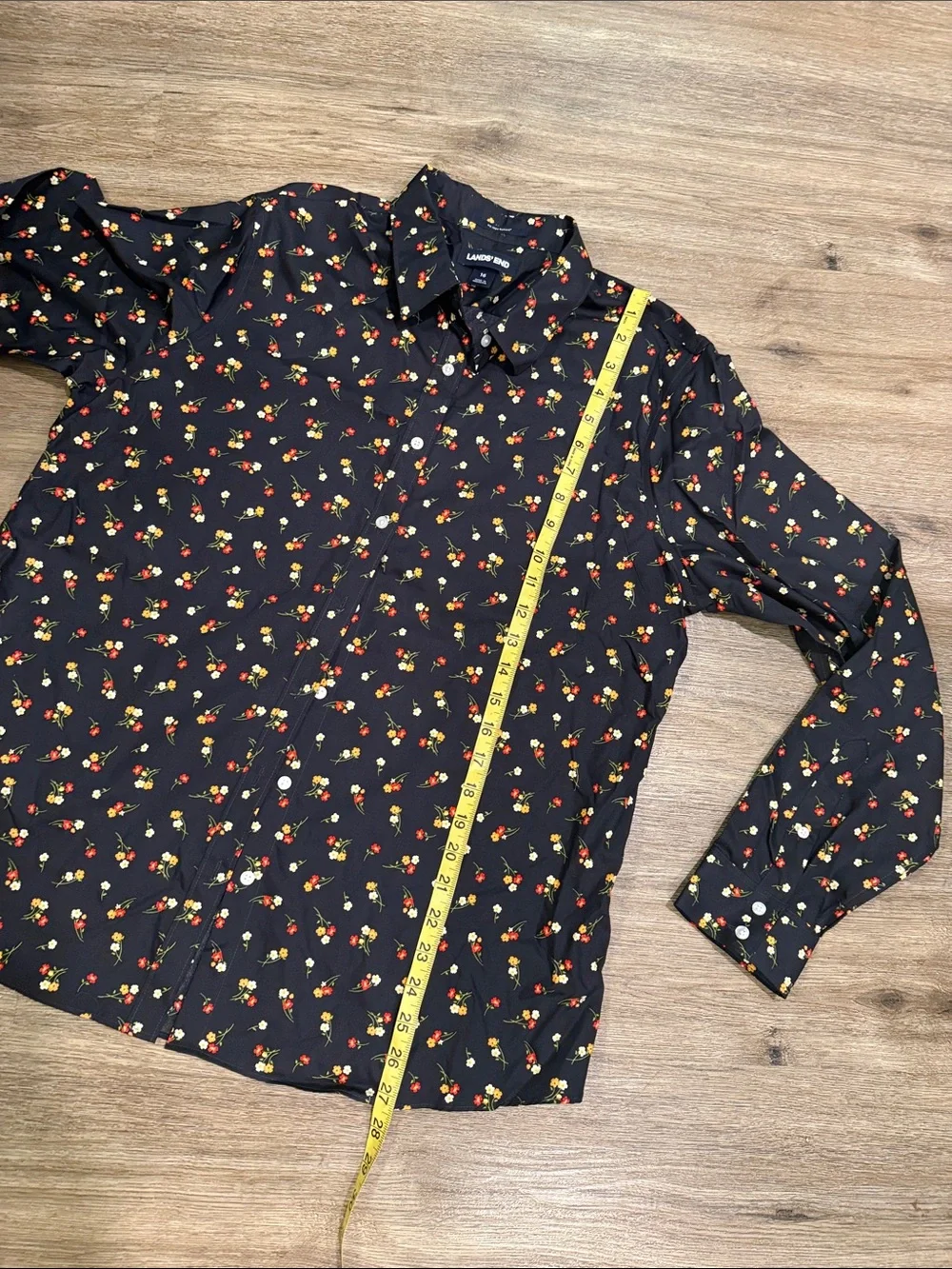NWOT Lands' End Black Button-Down Shirt with Red and Yellow Floral Sprig Print